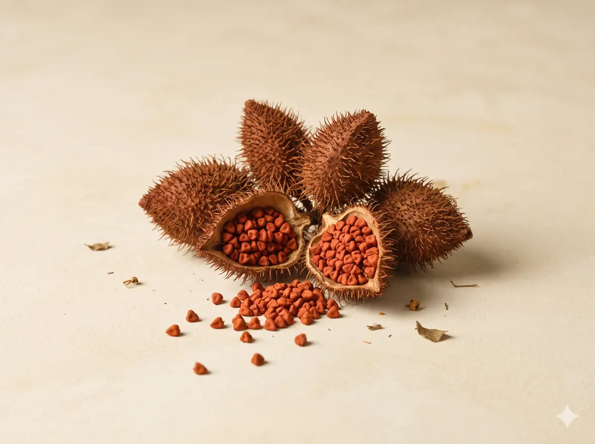 Open annatto pods showing red seeds