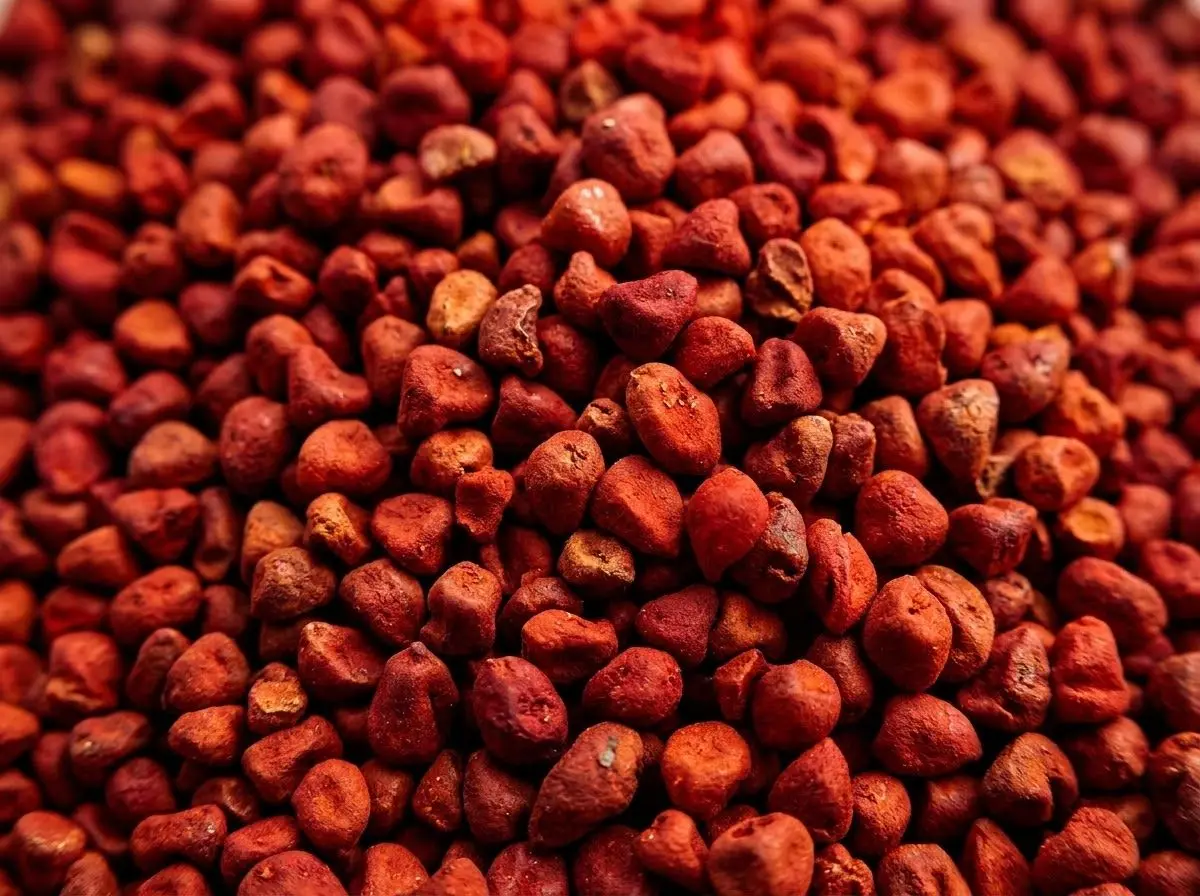 A close-up of red annatto seeds