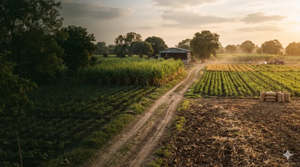 A farm road through green fields at golden hour, with sacks of produce at the field edge