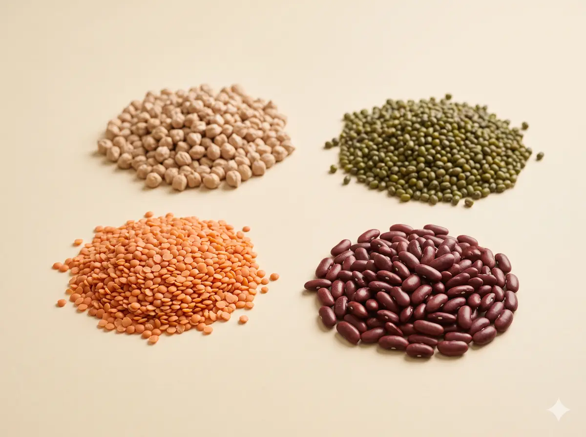 Four small heaps of different pulses on a cream surface